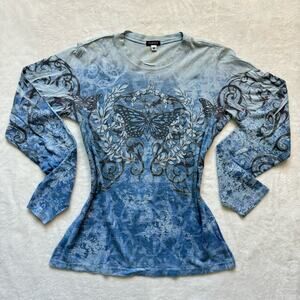 Yukiko Y2K Grunge Bedazzled Blue Butterfly Graphic Print Long Sleeve Womens SZ M